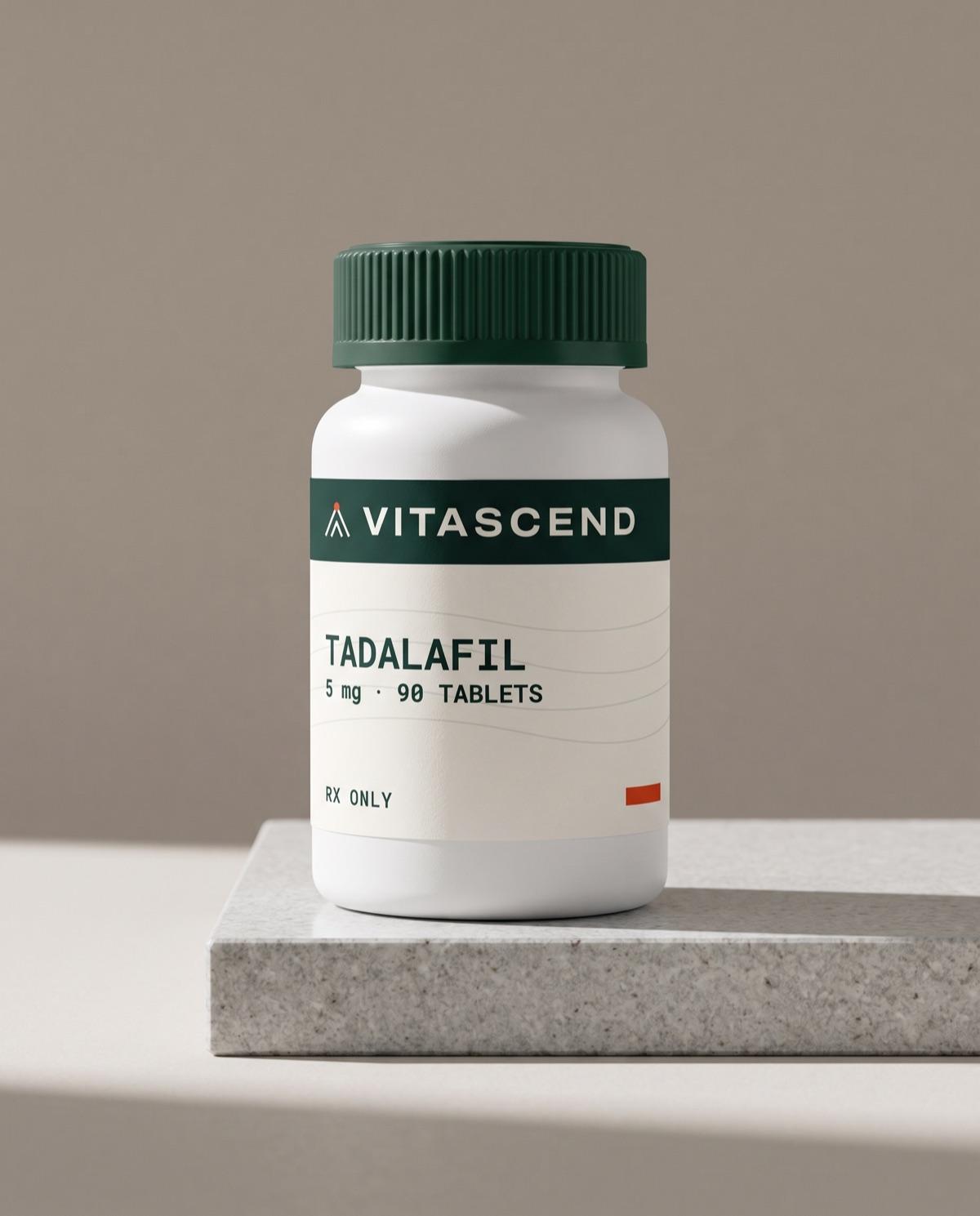 Bottle of tadalafil 5 mg tablets with a Vitascend label